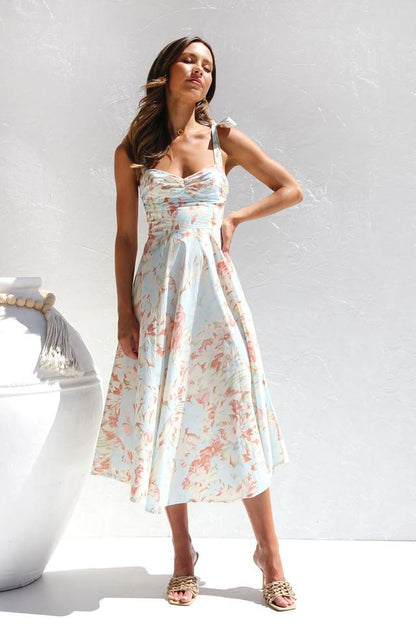 Floral Print Sweetheart Ruched Bust Bow Tie Strap Midi Dress