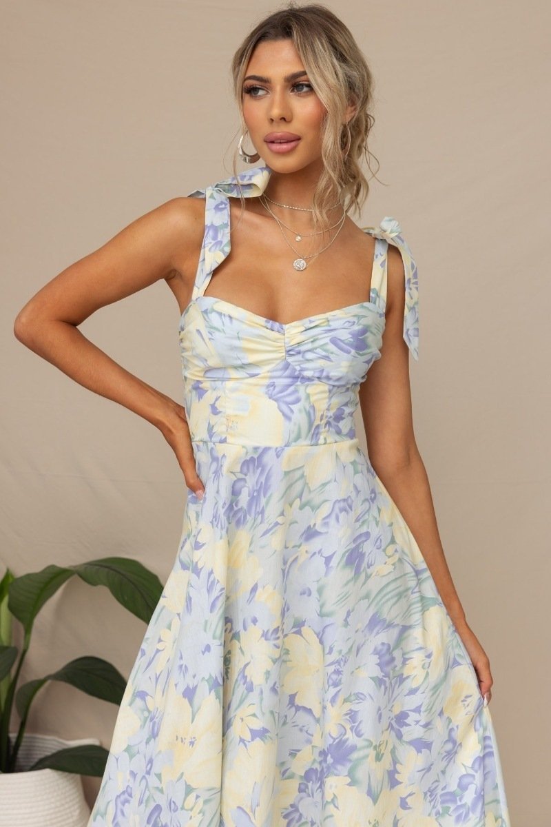 Floral Print Sweetheart Ruched Bust Bow Tie Strap Midi Dress