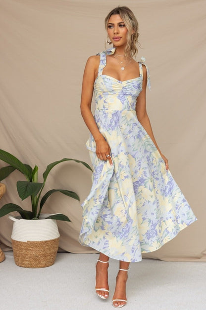 Floral Print Sweetheart Tie Shoulder Bow Strap Midi Dress