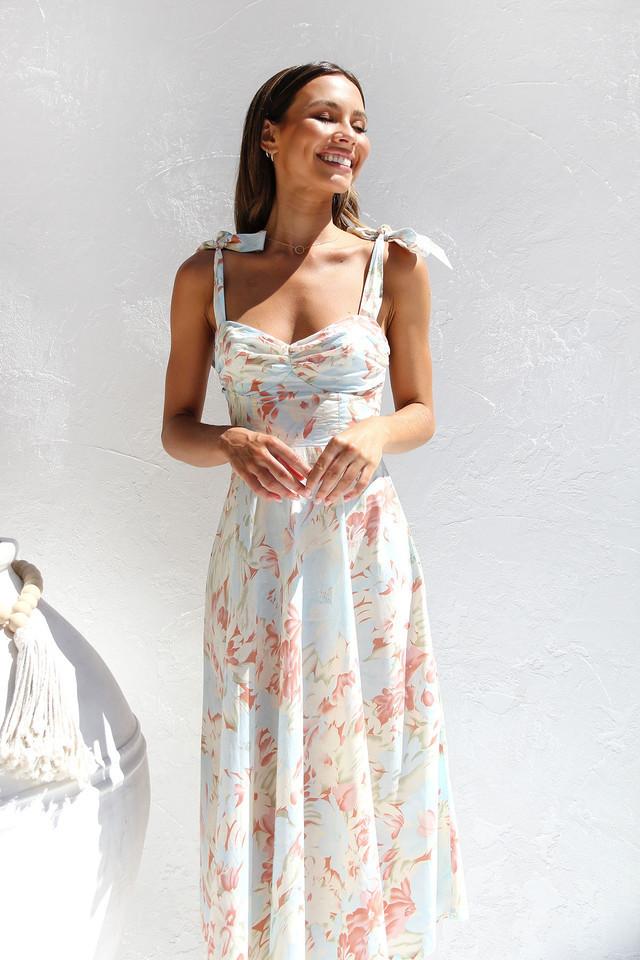 Floral Print Sweetheart Tie Shoulder Bow Strap Midi Dress