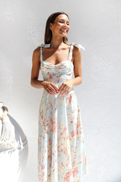 Floral Print Sweetheart Tie Shoulder Bow Strap Midi Dress
