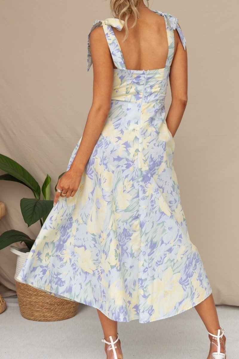 Floral Print Sweetheart Tie Shoulder Bow Strap Midi Dress
