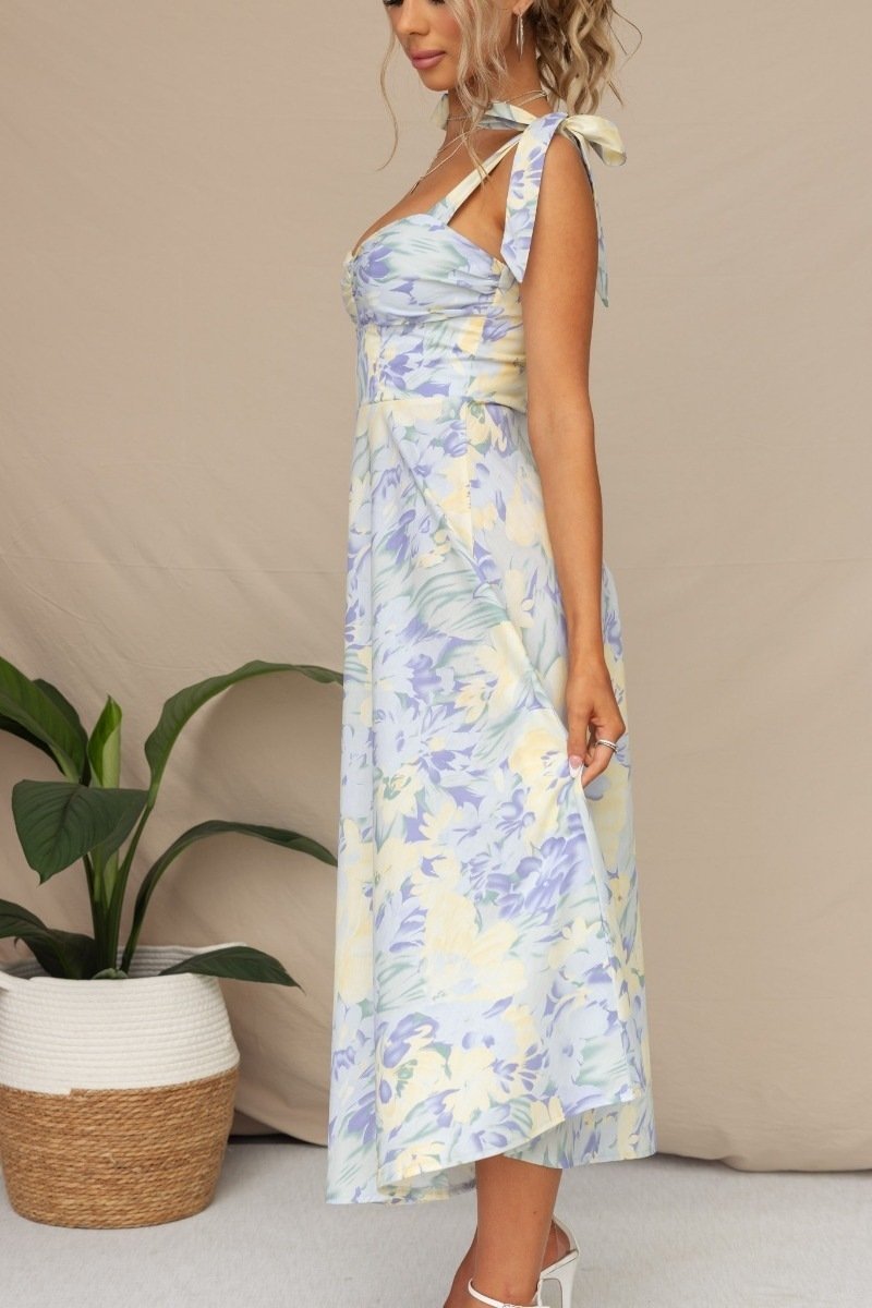 Floral Print Sweetheart Ruched Bust Bow Tie Strap Midi Dress