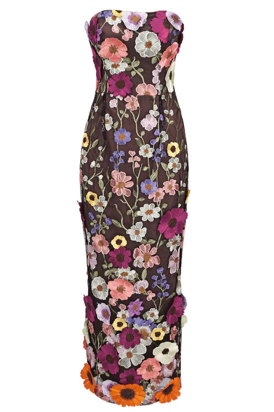 Strapless Dense Flower Embroidery Bodycon Column Midi Dress