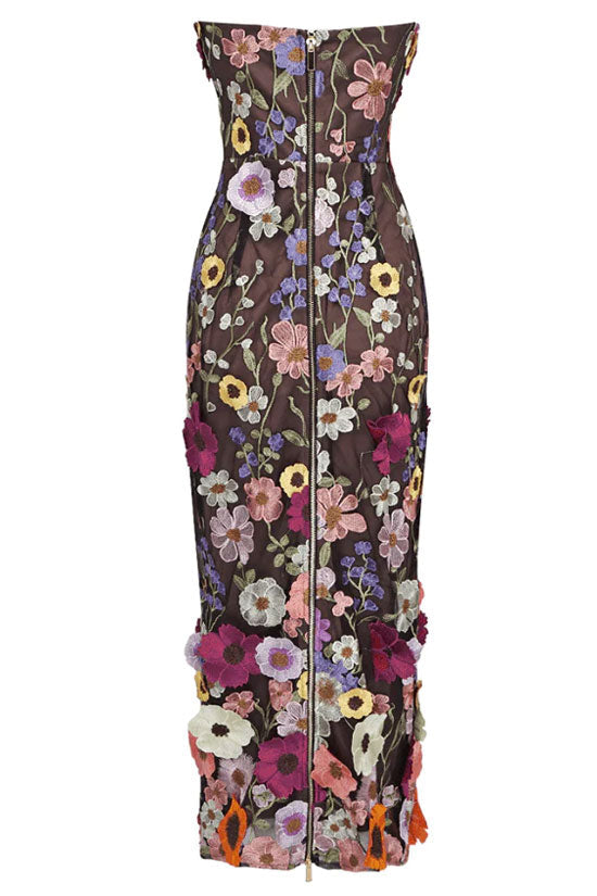 Strapless Dense Flower Embroidery Bodycon Column Midi Dress