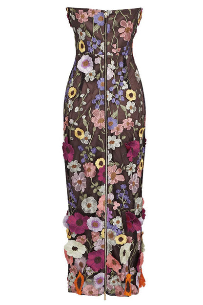 Strapless Dense Flower Embroidery Bodycon Column Midi Dress