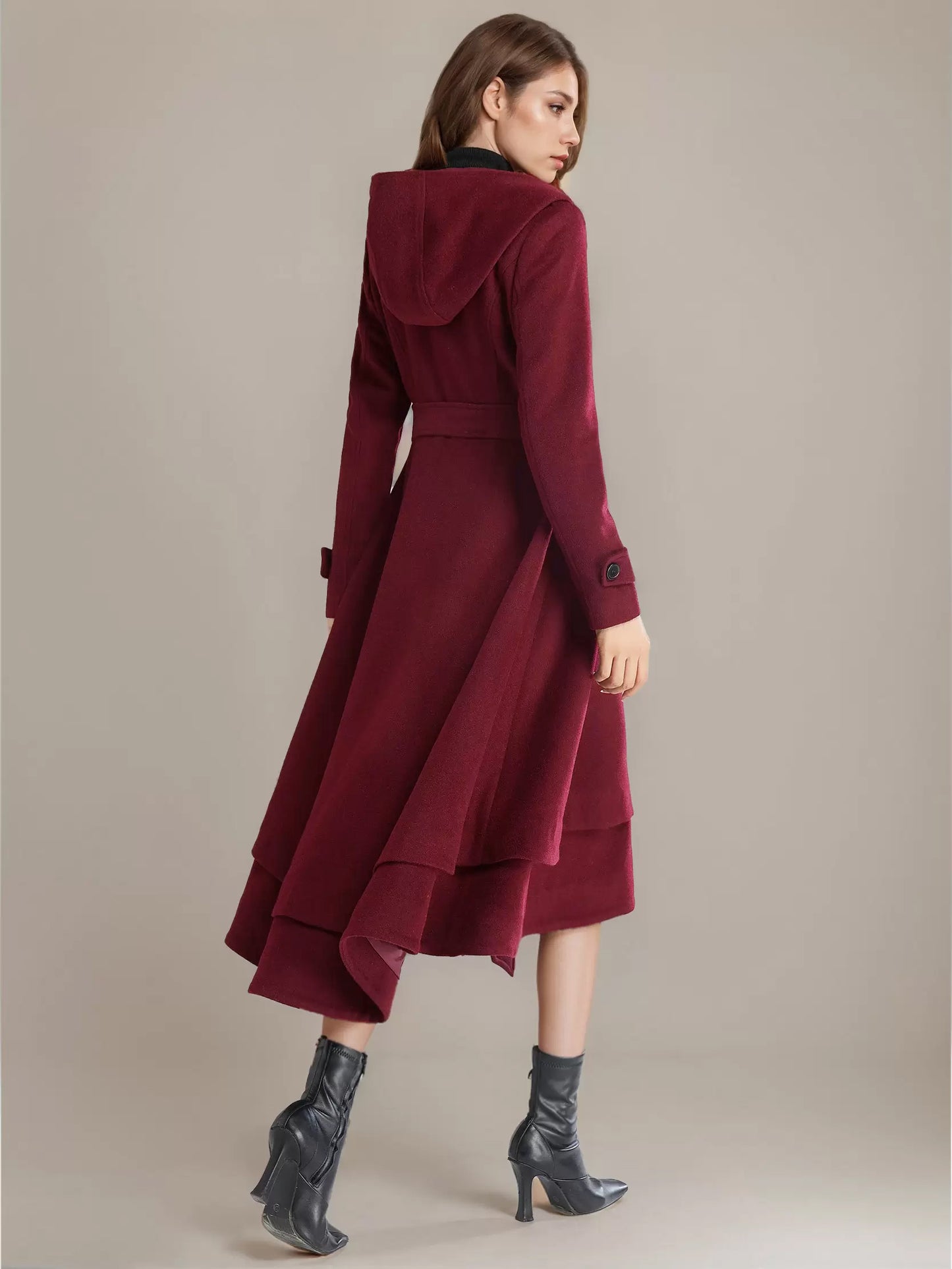 Woolen Flared Coat For Woman Hooded Belted A-line Vintage Winter Midi Outerwear 2026