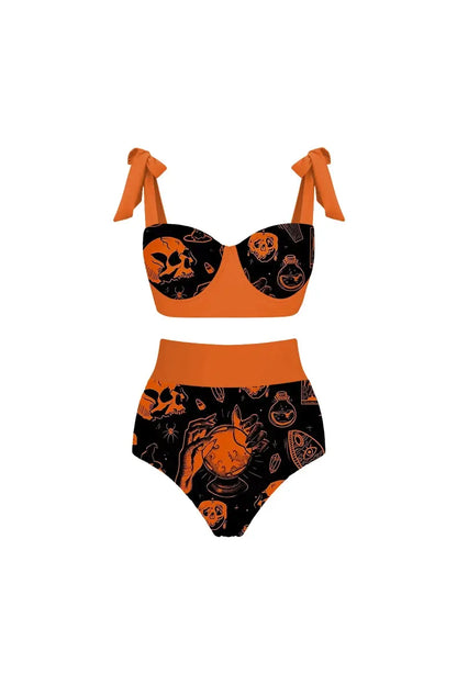 Halloween Pumpkin Skull Print Bikini Set