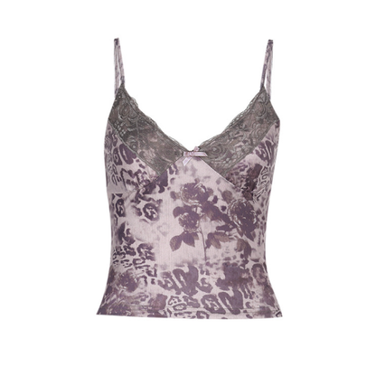 Lace hem v neck bowknot print cami top