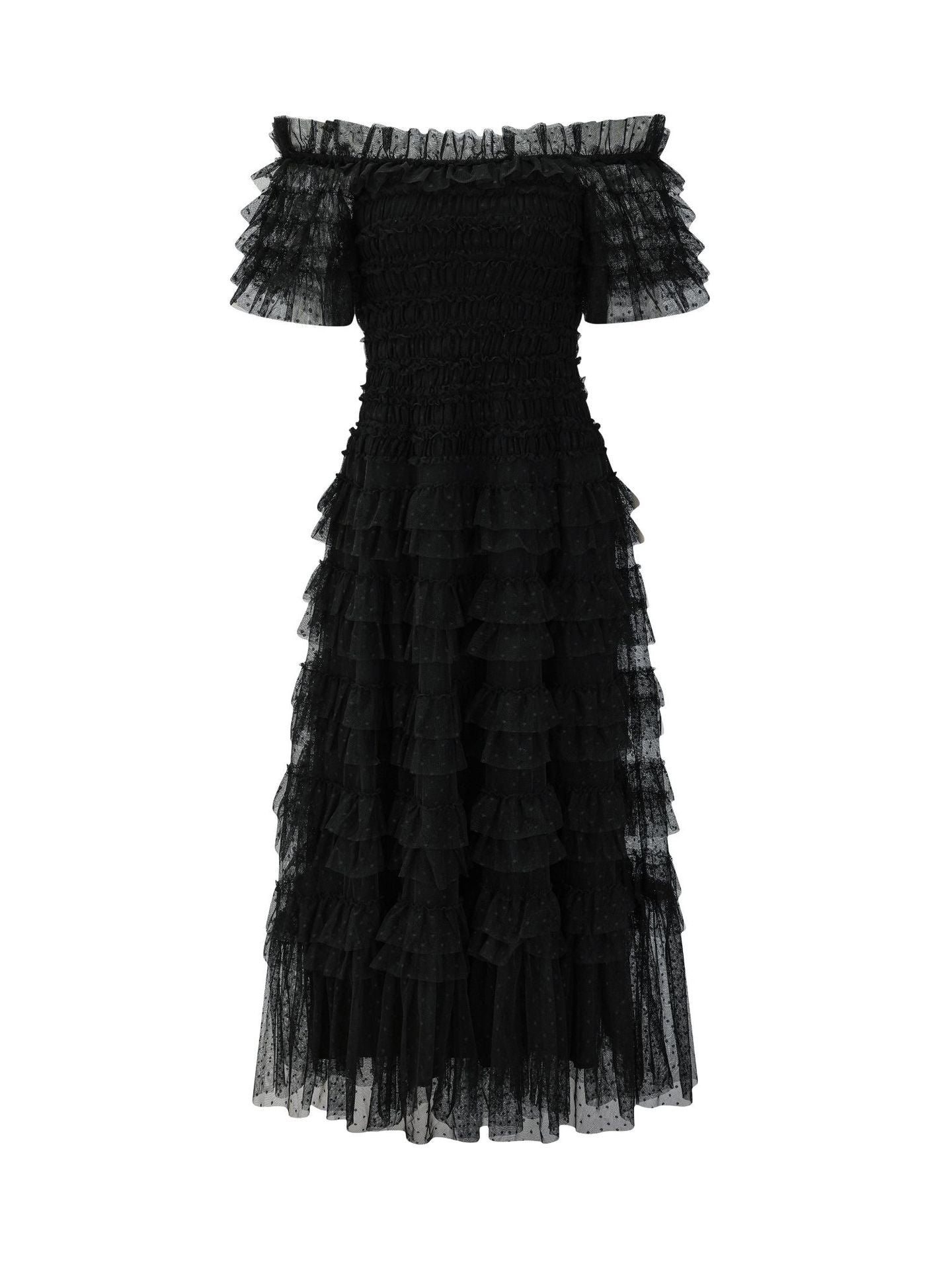 Party Maxi Dresses Embellished Collar Ruffles Polka Dot Sheer Semi Formal Dress
