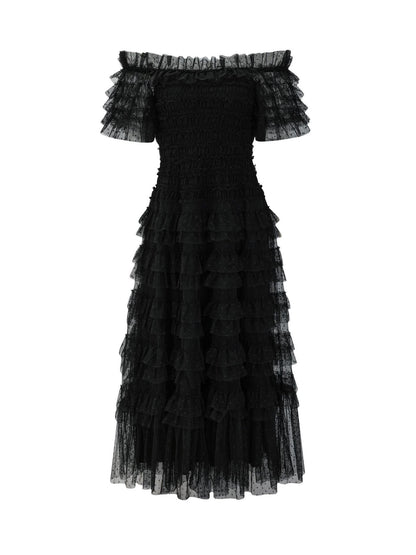 Party Maxi Dresses Embellished Collar Ruffles Polka Dot Sheer Semi Formal Dress