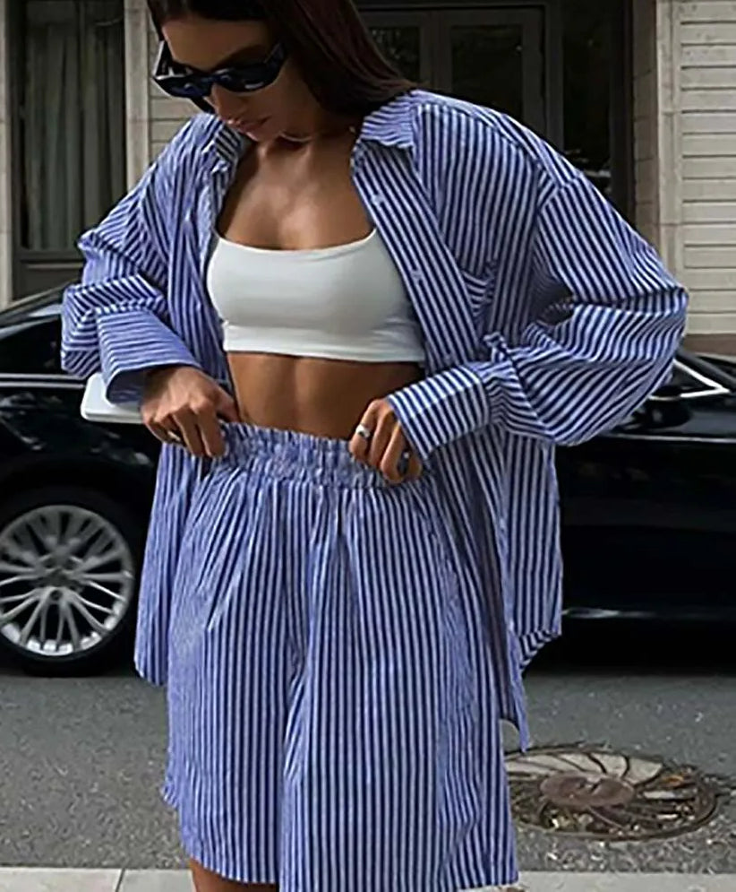 Blue Print Pockets Button Shorts Office Two Piece Set