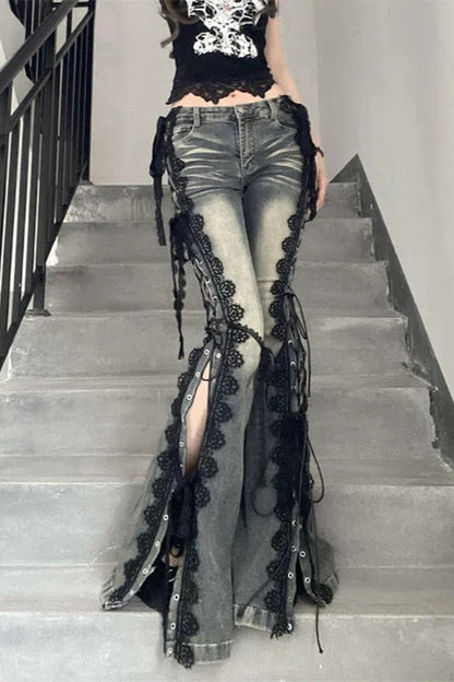 Flare Lace Bandage Denim Jeans
