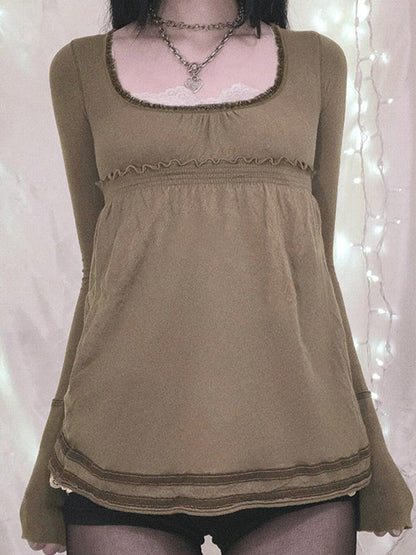 Brown Vintage Square Collar Stitching Long Sleeve Tee