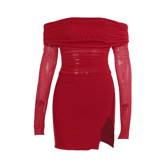 Off shoulder long sleeve slit mesh ruched mini dress
