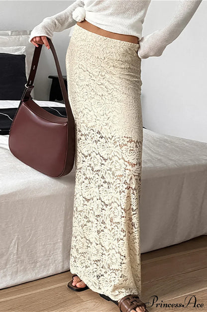 Beige Sheer Lace Brocade Maxi Skirt