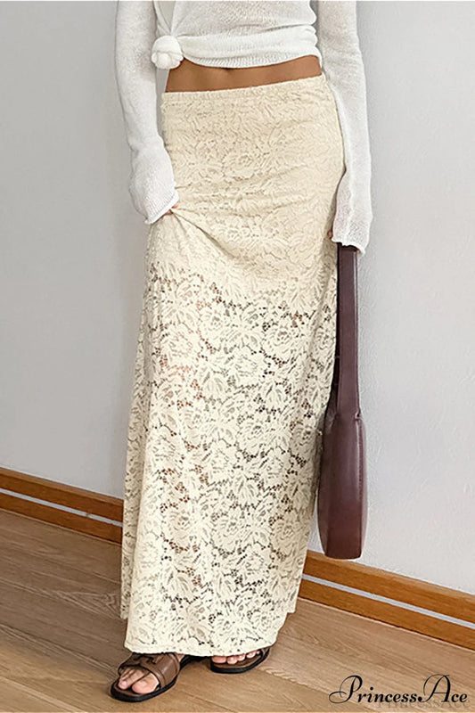 Beige Sheer Lace Brocade Maxi Skirt
