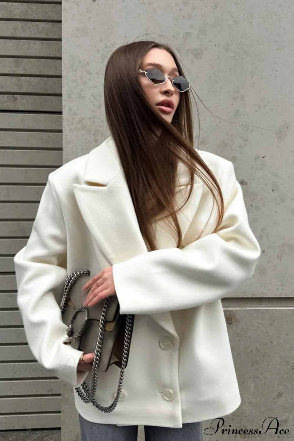 Beige Wool Blend Collared Mid Length Coat