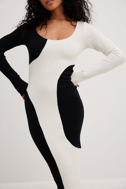 Rib Knit Scoop Neck Wavy Panel Long Sleeve Bodycon Midi Dress