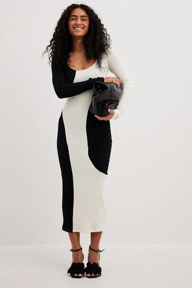 Rib Knit Scoop Neck Wavy Panel Long Sleeve Bodycon Midi Dress