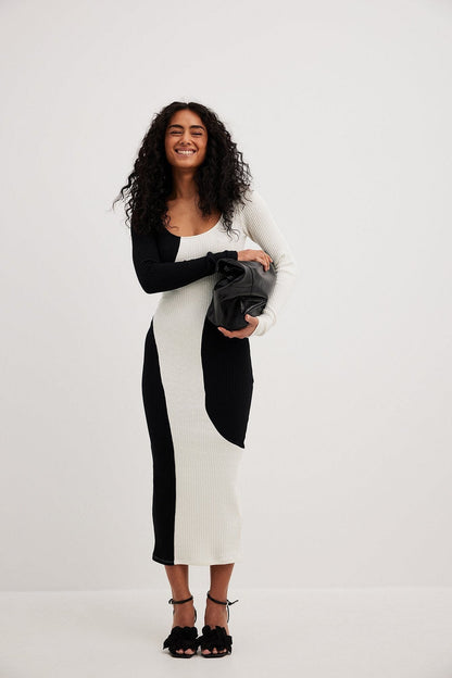 Rib Knit Scoop Neck Wavy Panel Long Sleeve Bodycon Midi Dress