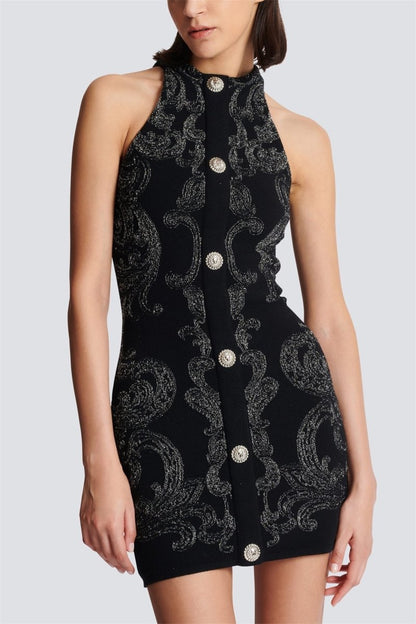 Baroque Jacquard Halter Neck Button Front Bodycon Mini Dress