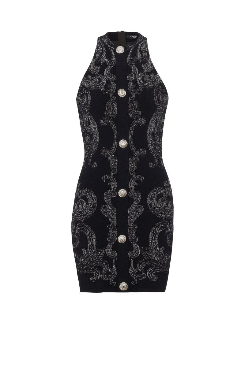 Baroque Jacquard Halter Neck Button Front Bodycon Mini Dress