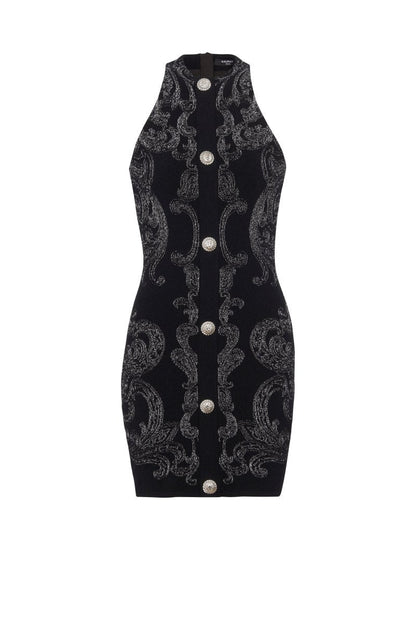 Baroque Jacquard Halter Neck Button Front Bodycon Mini Dress