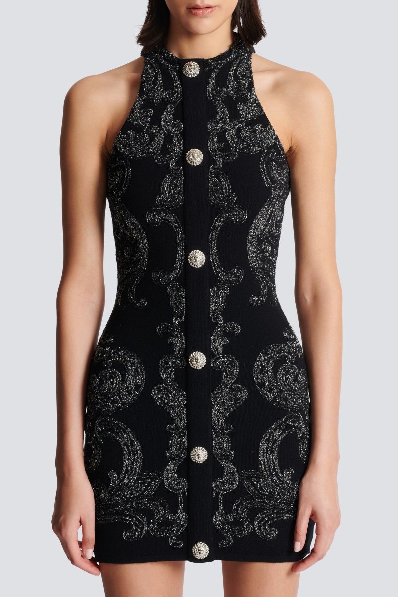 Baroque Jacquard Halter Neck Button Front Bodycon Mini Dress
