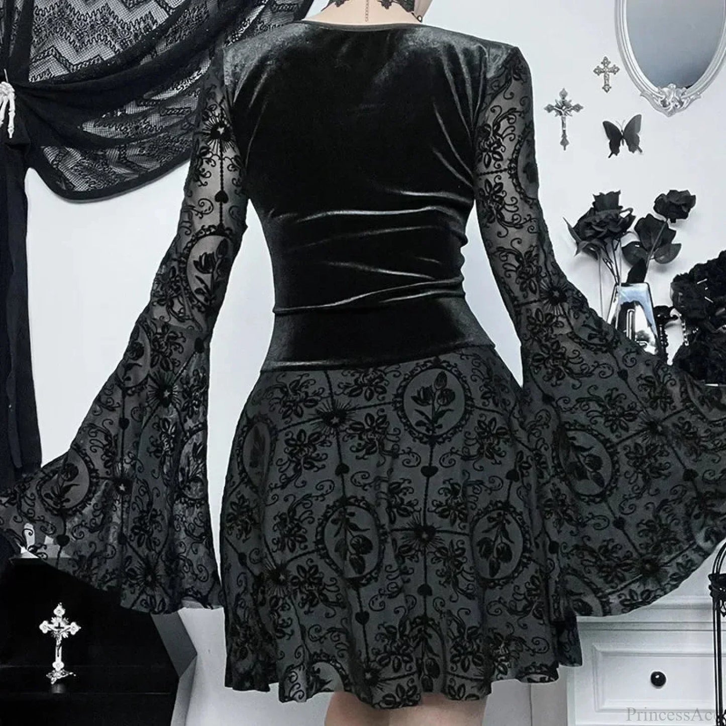 Velvet Corset Lace Up Bat Charm Floral Lace Bell Sleeve Mini Dress