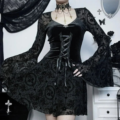 Velvet Corset Lace Up Bat Charm Floral Lace Bell Sleeve Mini Dress