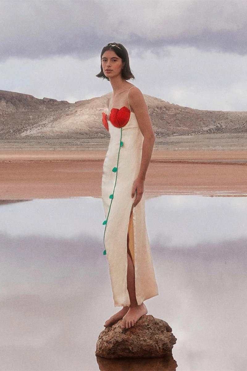 Satin Spaghetti Strap 3D Floral Appliqué Stem Detail Slip Maxi Dress