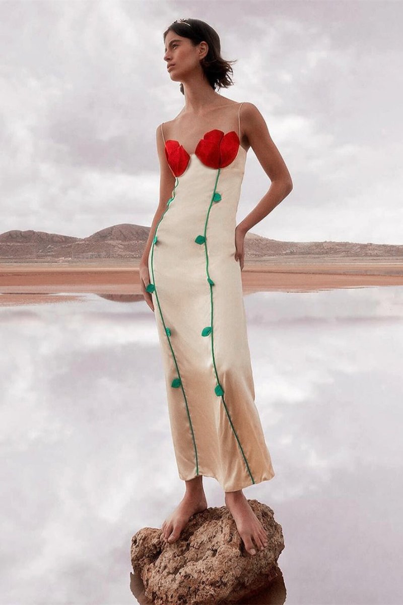 Satin Spaghetti Strap 3D Floral Appliqué Stem Detail Slip Maxi Dress