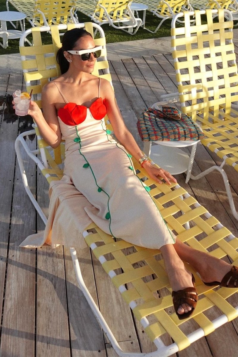 Satin Spaghetti Strap 3D Floral Appliqué Stem Detail Slip Maxi Dress