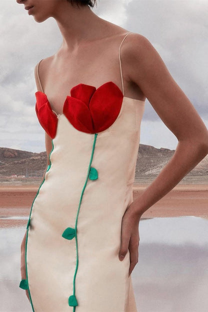 Satin Spaghetti Strap 3D Floral Appliqué Stem Detail Slip Maxi Dress
