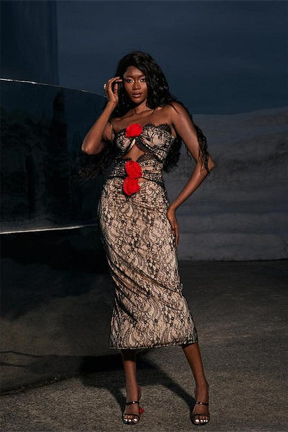 Betsy Flower Applique Cut-out Lace Midi Dress