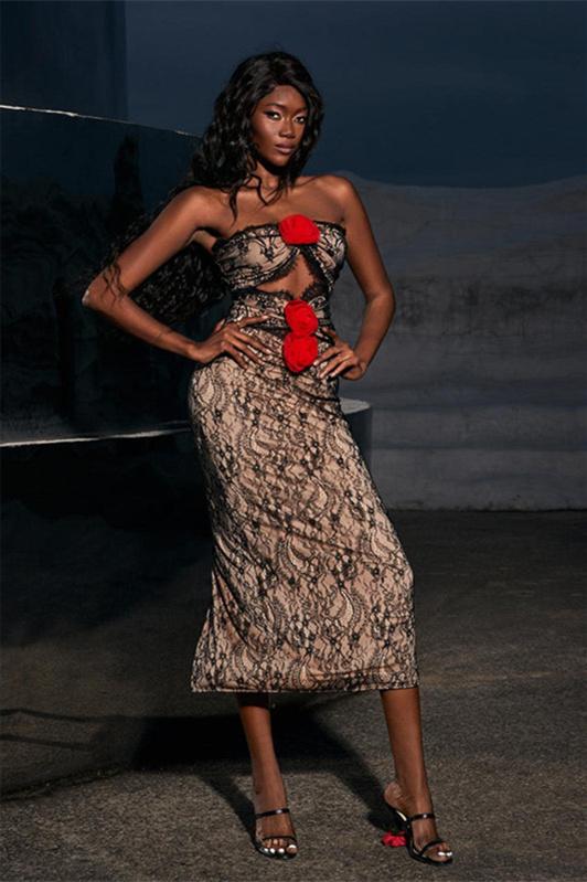 Betsy Flower Applique Cut-out Lace Midi Dress