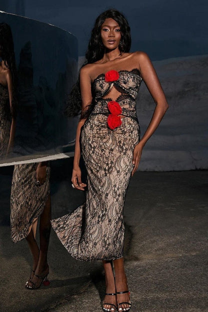 Betsy Flower Applique Cut-out Lace Midi Dress