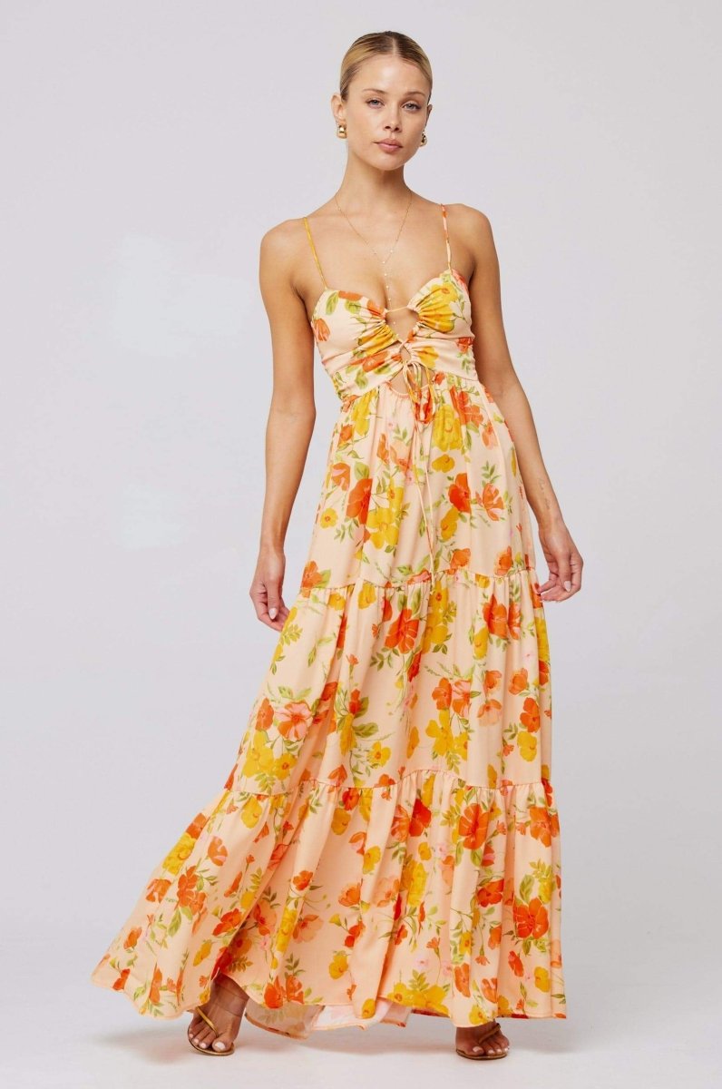 Floral Print Lace Up Keyhole Cut Out Waist Tiered Ruffle Maxi Dress