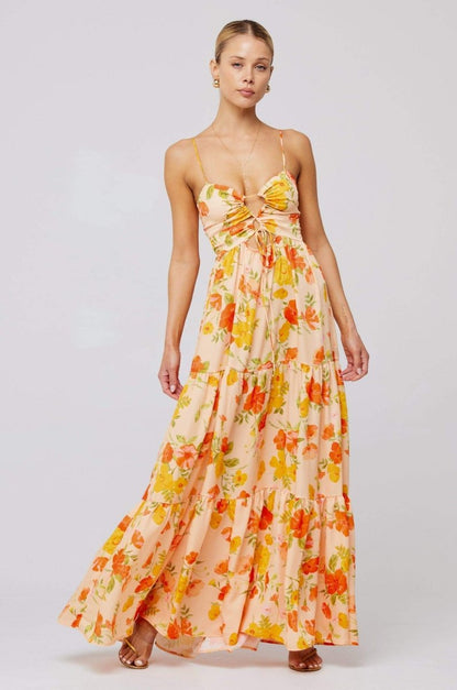 Floral Print Lace Up Keyhole Cut Out Waist Tiered Ruffle Maxi Dress