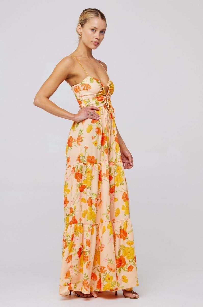 Floral Print Lace Up Keyhole Cut Out Waist Tiered Ruffle Maxi Dress