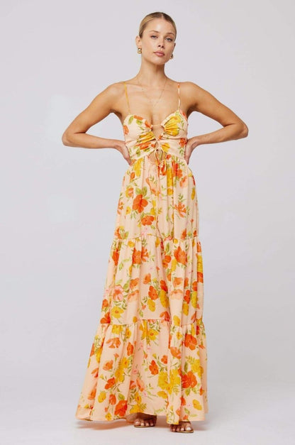 Floral Print Lace Up Keyhole Cut Out Waist Tiered Ruffle Maxi Dress