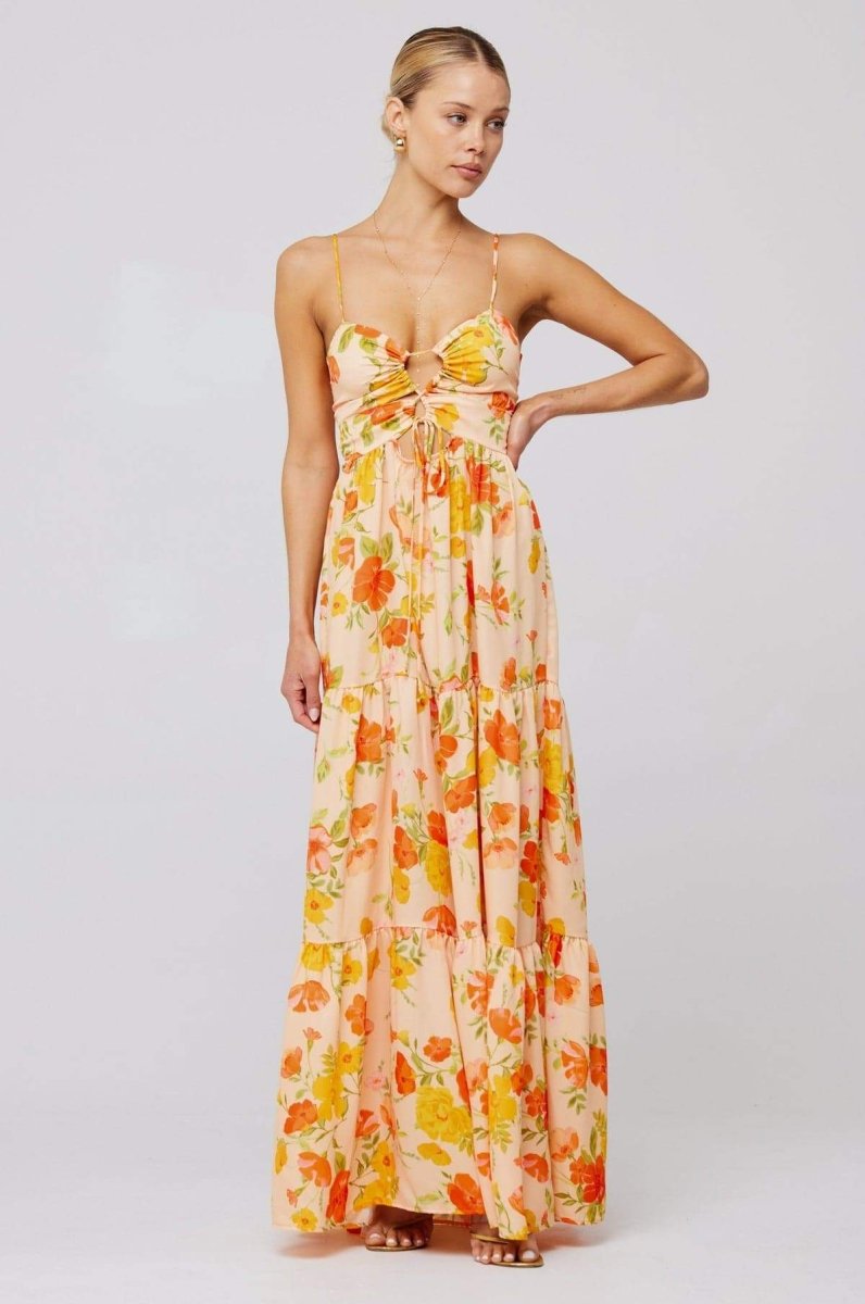 Floral Print Lace Up Keyhole Cut Out Waist Tiered Ruffle Maxi Dress