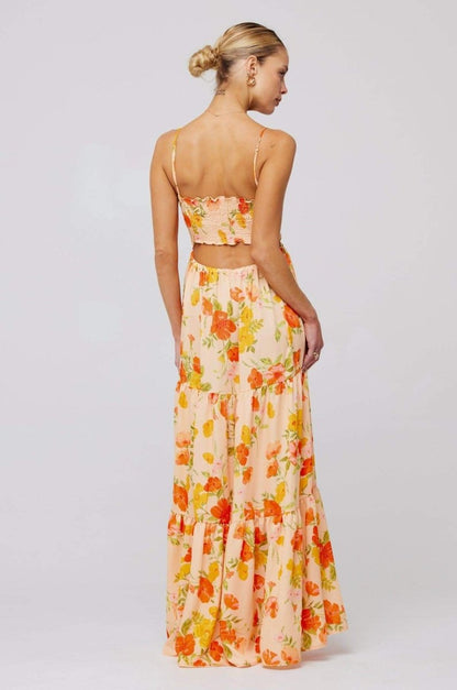 Floral Print Lace Up Keyhole Cut Out Waist Tiered Ruffle Maxi Dress