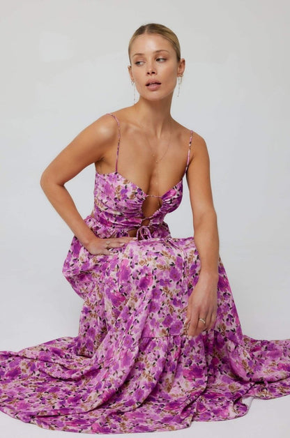 Floral Print Lace Up Keyhole Cut Out Waist Tiered Ruffle Maxi Dress