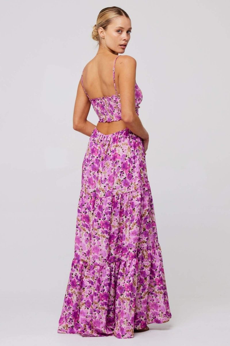 Floral Print Lace Up Keyhole Cut Out Waist Tiered Ruffle Maxi Dress