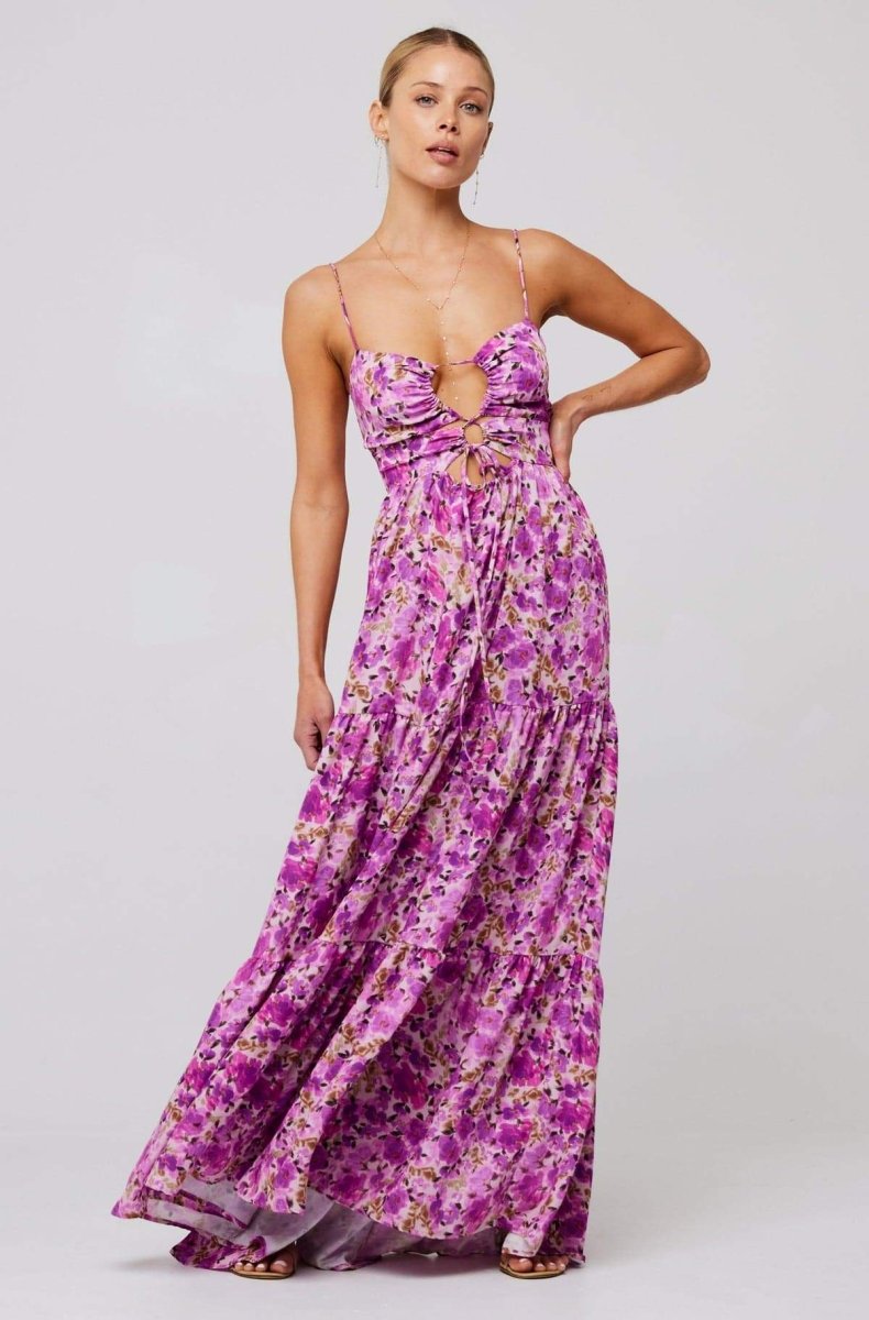 Floral Print Lace Up Keyhole Cut Out Waist Tiered Ruffle Maxi Dress