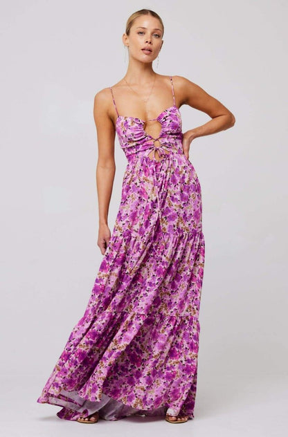 Floral Print Lace Up Keyhole Cut Out Waist Tiered Ruffle Maxi Dress