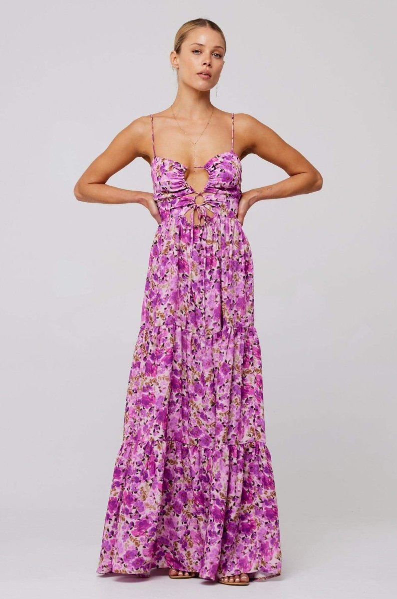 Floral Print Lace Up Keyhole Cut Out Waist Tiered Ruffle Maxi Dress