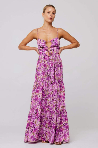 Floral Print Lace Up Keyhole Cut Out Waist Tiered Ruffle Maxi Dress